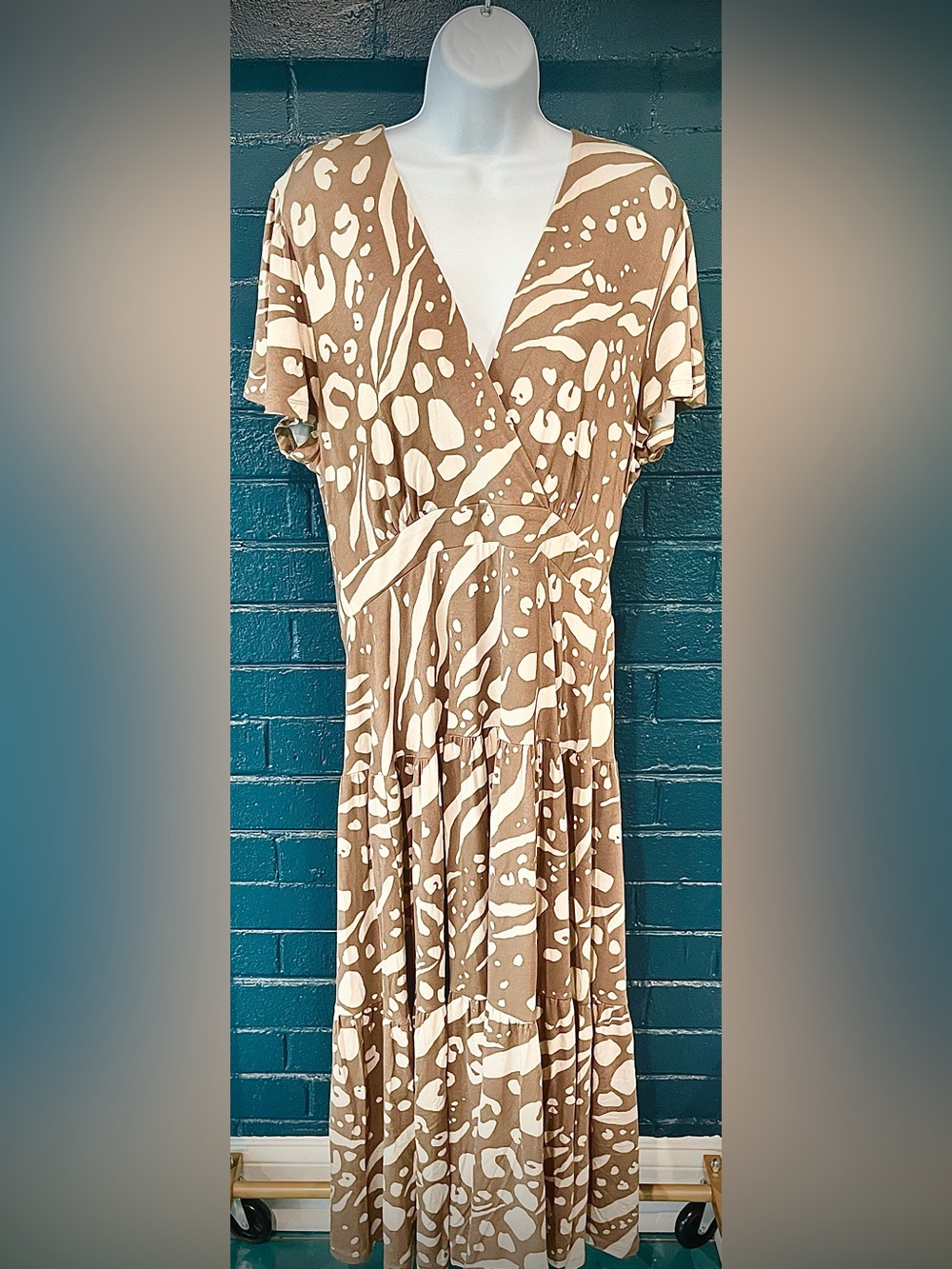 Women’s Brown & Cream Printed Wrap Midi Dress